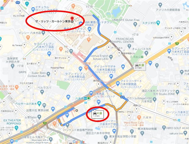 山下さんが飲んでいたバー「X」～リッツ・カールトン東京までの車での移動時間（出典：Googleマップ）