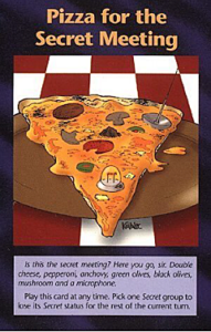 『ピザのイラストに秘密会合の説明文』