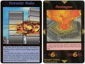 「Terrorist Nuke（テロリストの核攻撃）」（左）と「Pentagon」（右）のカード画像