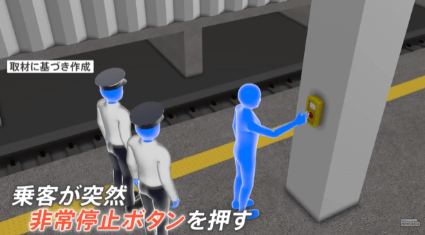 再現CG：渋谷駅で財布を落とした男性と駅員の画像