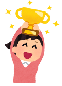優勝カップを持つ人のイラスト（女性）